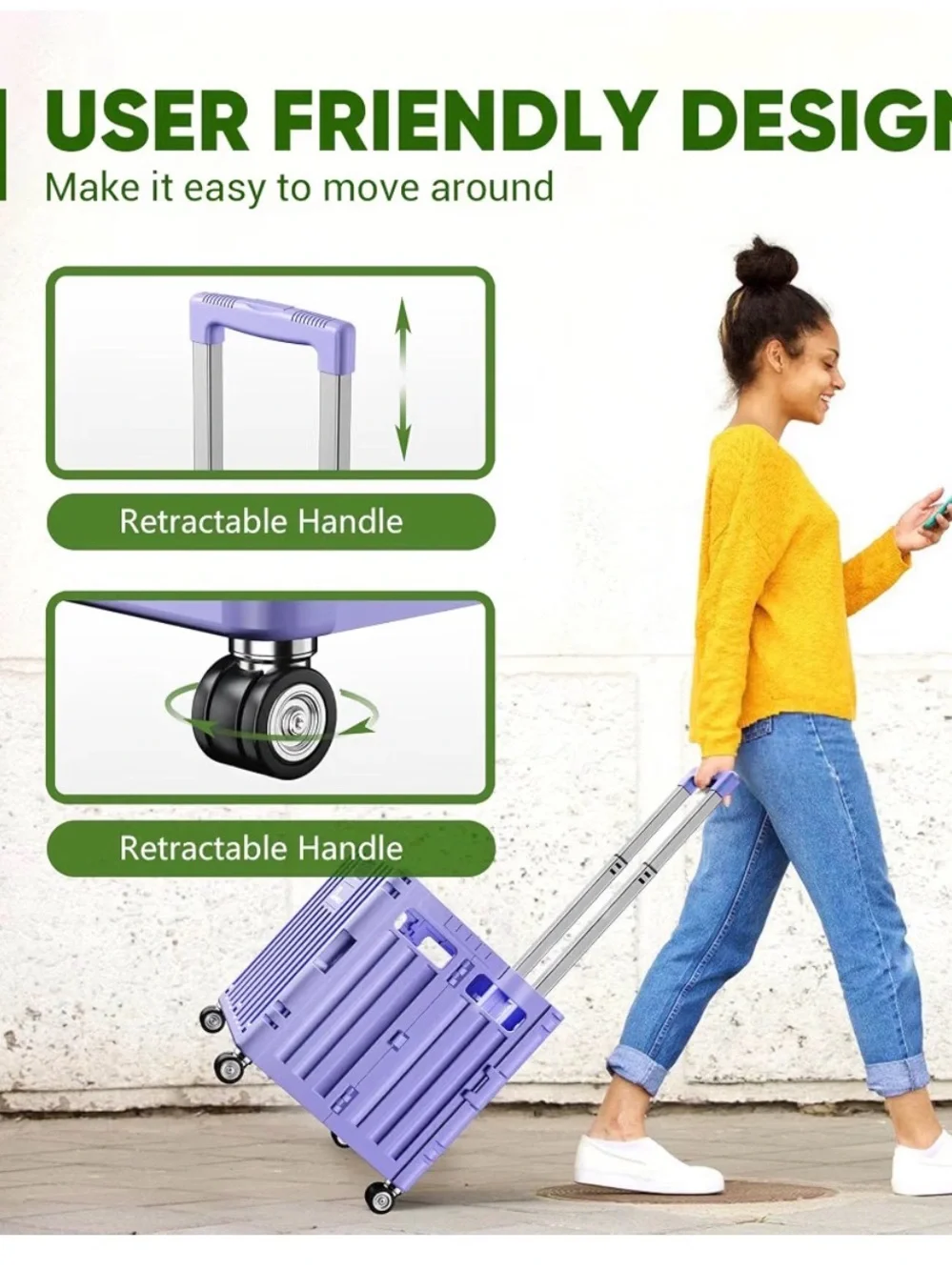 Lavender Rolling Storage Cart with Telescoping Handle